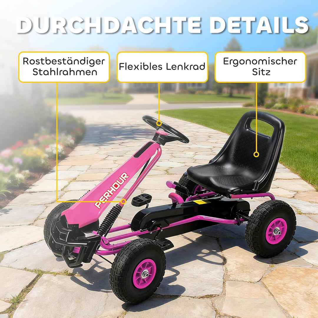 AIYAPLAY Gokart, Tretauto mit Handbremse, verstellbarem Sitz, Vor- und Rückwärtsgang, Pedalantrieb,