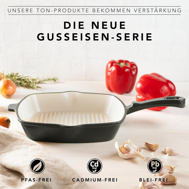 Römertopf Gusseisen Grillpfanne eckig 24 cm – Steakpfanne Emaille, alle Herdarten inkl. Induktion, b