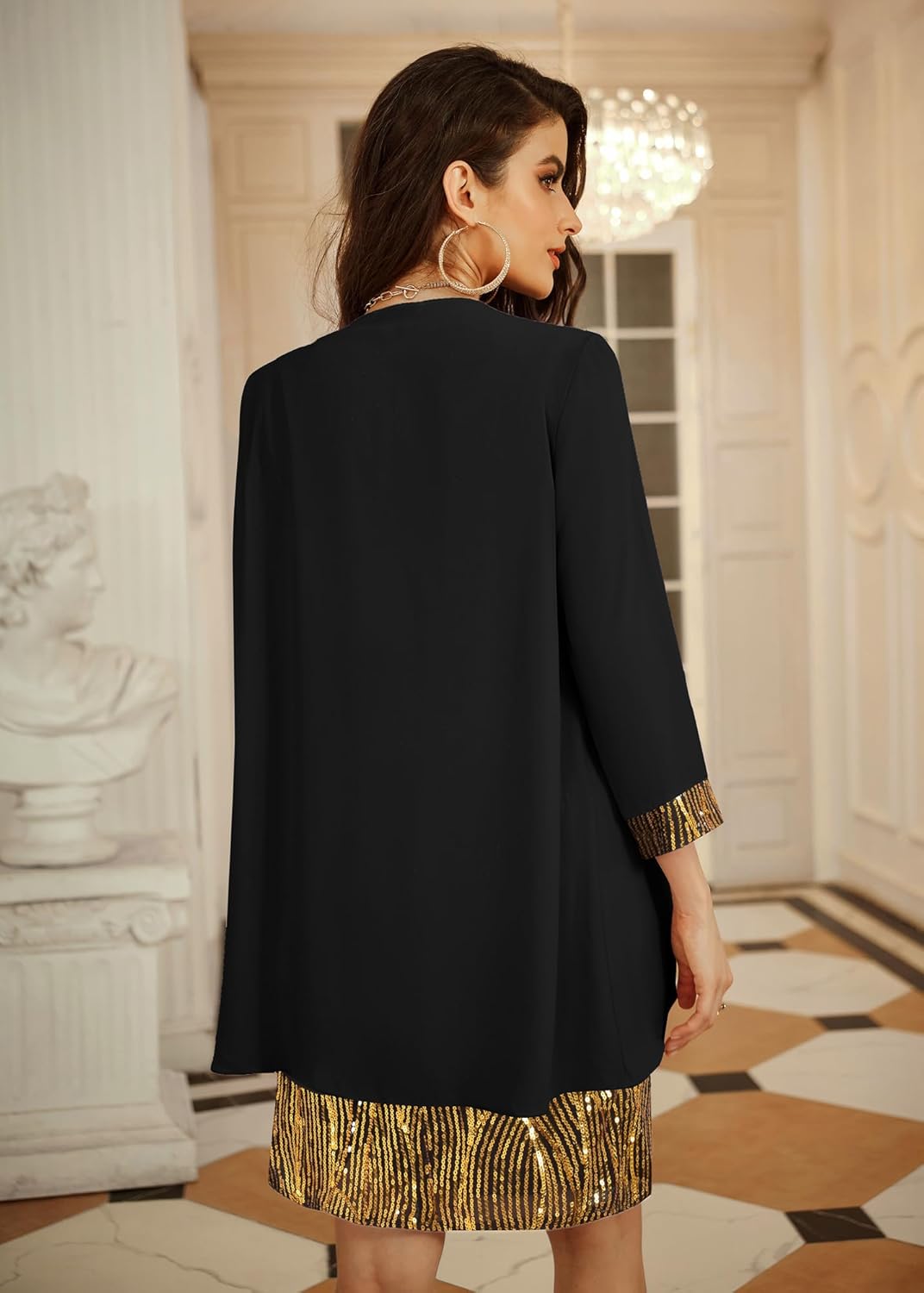 GRACE KARIN Damen Ärmelloses Rundhals Pailletten Cami Kleid Elegant Zweiteiler Tüll Cardigan Abendkl