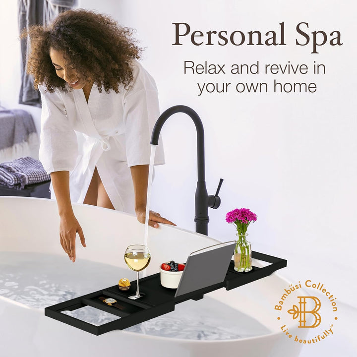 Premium Badewannen-Tablett aus Bambus – erweiterbares Badezimmer-Tablett aus Holz – verstellbares Ba