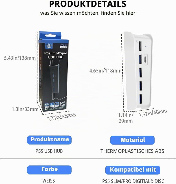 6 Ports USB Hub für PS5 Pro Konsole, High-Speed Expander Hub Splitter Erweiterungsadapter mit 4 USB