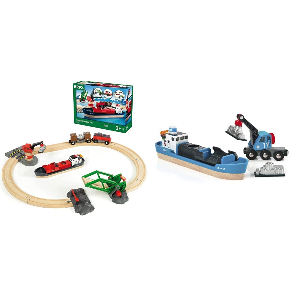 BRIO World 33061 Container Hafen Set - Mit Hafenbrücke und beweglichem Kran zum Beladen des Frachtsc