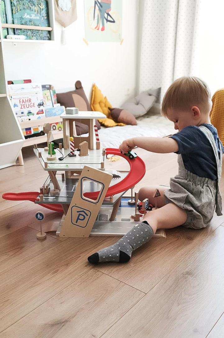 small foot Parkhaus Premium, über 3 Ebenen mit Rampe, Parkhaus für Kinder aus Holz, Rollenspielzeug,