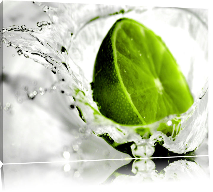 Limette fällt in Wasser Format: 100x70 auf Leinwand, XXL riesige Bilder fertig gerahmt mit Keilrahme