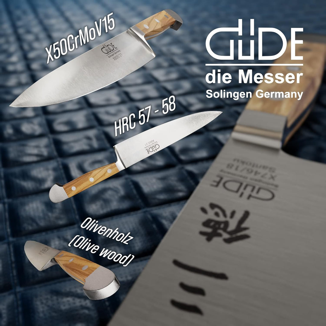 GÜDE Solingen - Kochmesser geschmiedet, 21 cm, Olivenholz, ALPHA OLIVE, Küchenmesser, Doppelkropf, H
