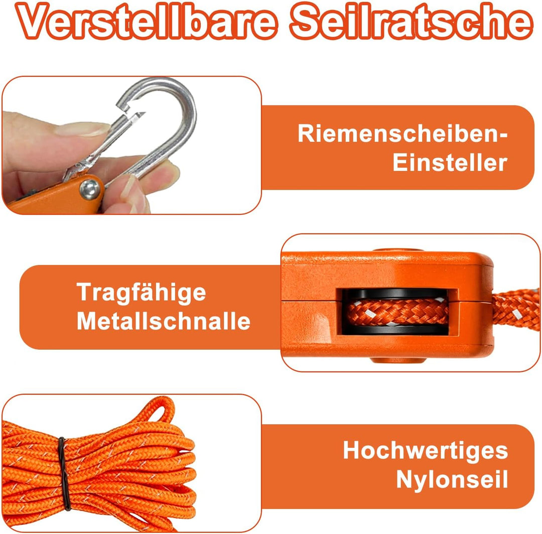 6 Stück 4m Seilratsche mit Haken and Schraubheringe | mit seilspanner, Einstellbare Ratchet Hange 1/