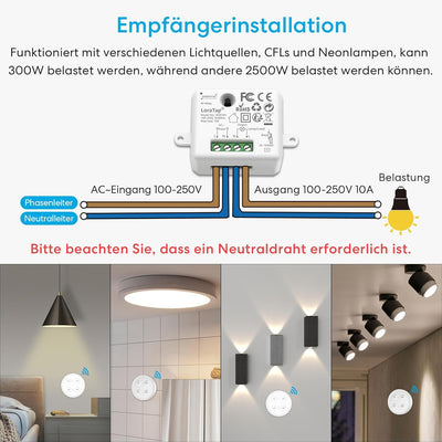 Lichtschalter Funkschalter Set mit 4-Tasten Fernbedienung (eine Fernbedienungen mit zwei Empfängern)