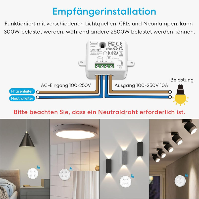 Lichtschalter Funkschalter Set mit 4-Tasten Fernbedienung (eine Fernbedienungen mit zwei Empfängern)