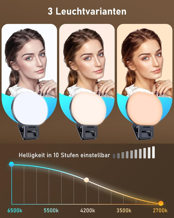 Selfie Licht, Handy Licht Videolicht mit Clip, Rechargeable 2000mAh Akkus, 3 Lichtmodi & Helligkeit