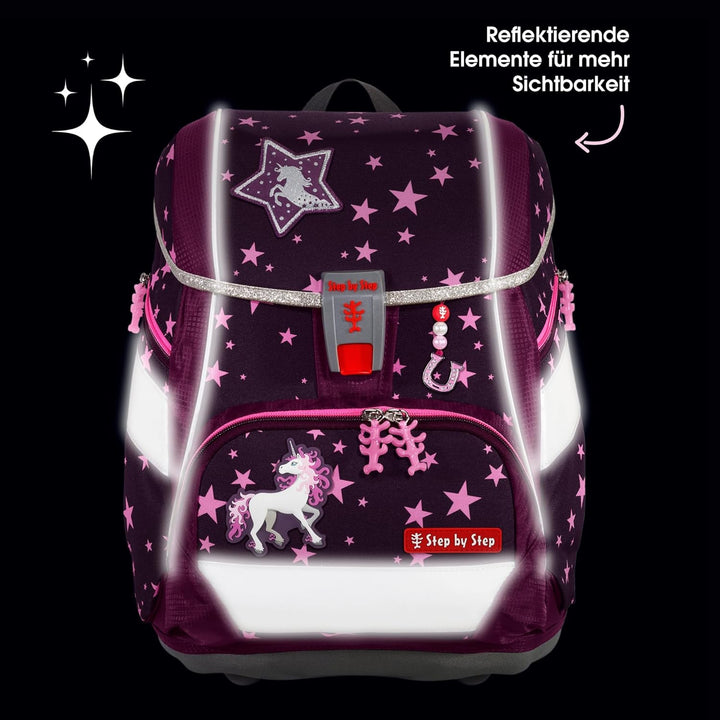 Step by Step Schulranzen-Set 2IN1 Plus „Unicorn Nuala“ 6-teilig, Beere, Einhorn-Design, ergonomische