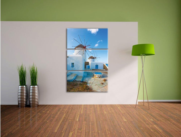 Pixxprint Windmühlen am Mittelmeer als Leinwandbild | Grösse: 3 Teilig (120x80) | Wandbild| Kunstdru