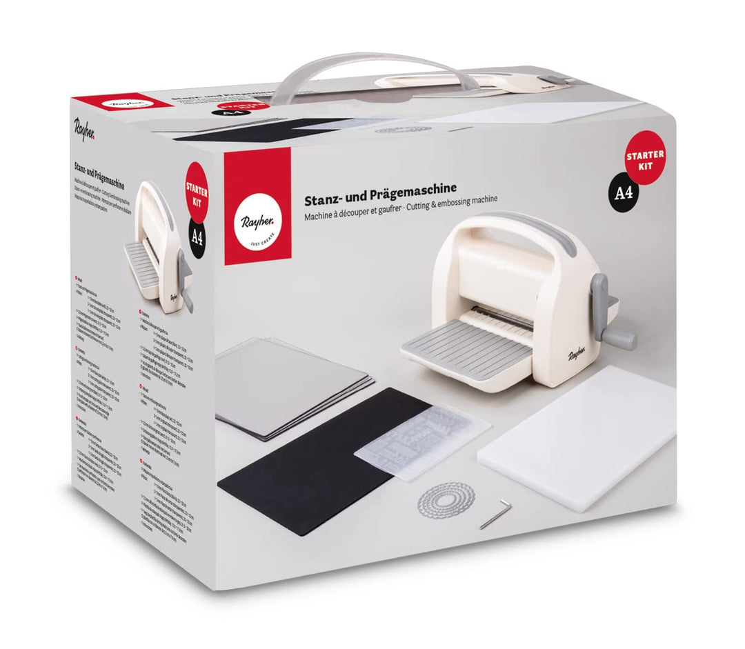 Rayher Stanz-und Prägemaschine A4, mit verschiedenen Stanzplatten und Prägeschablonen, Starter Kit,