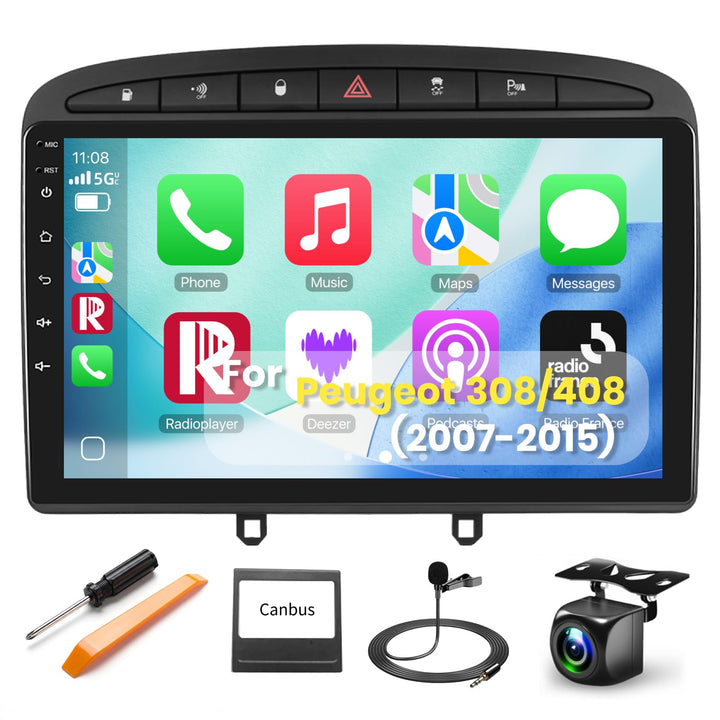 Podofo Android Autoradio für Peugeot 308 408 2010-2013, 9" Touchscreen Carplay Android Auto WiFi Blu