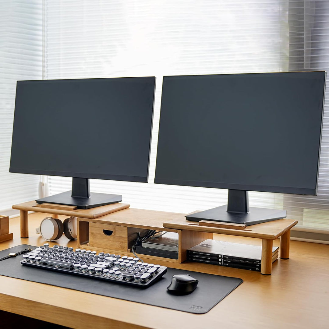 ROCDEER Bamboo Dual Monitor Regal für 2 Monitore, Monitor Stand Riser, darunter Lagerung für Schreib