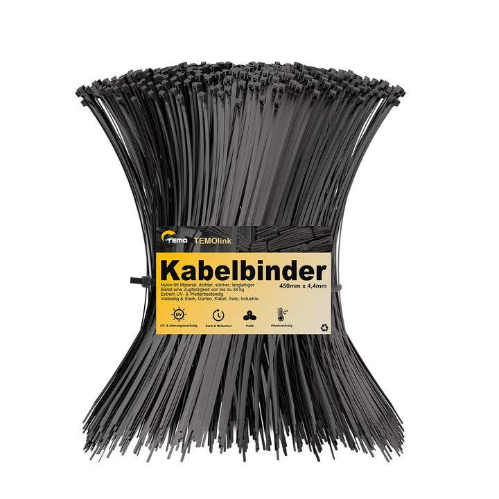 100 Stück Kabelbinder Schwarz, 450 x 4,4 mm, UV-beständig Kabelbinder, 28 kg Zugfestigkeit, Selbstsi