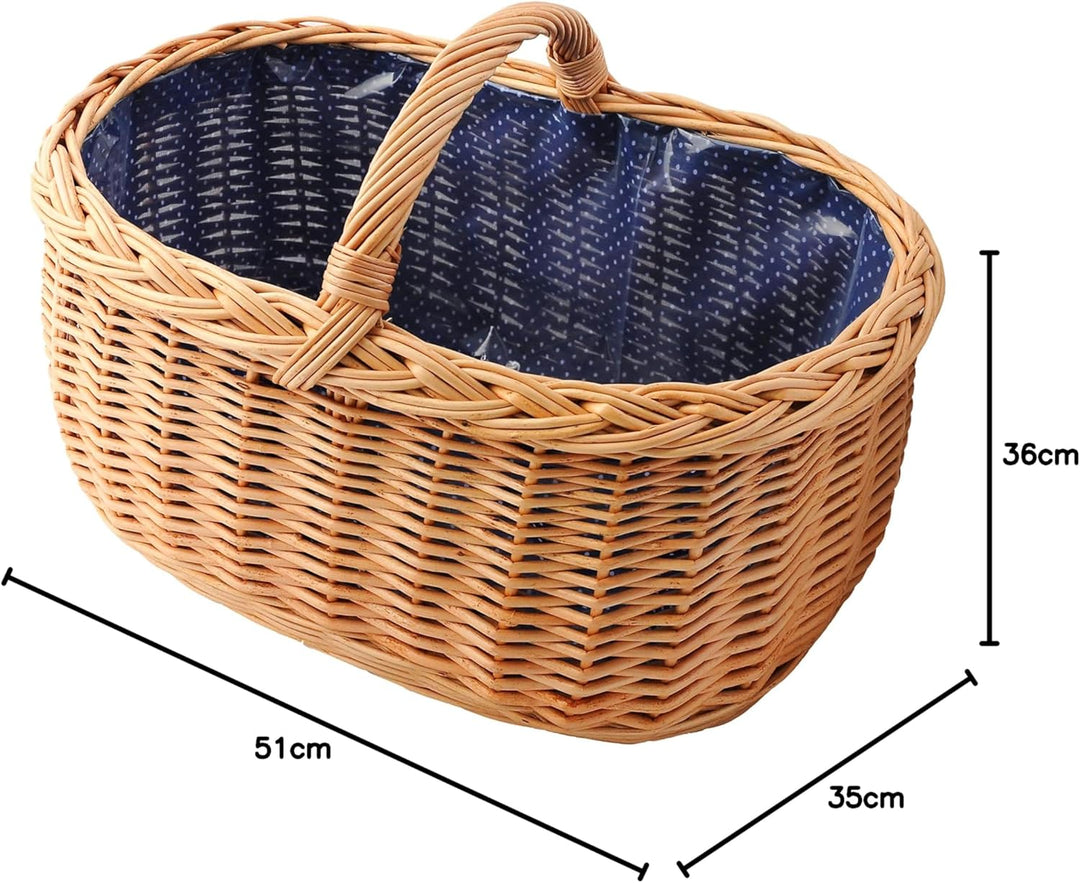 Grosser Einkaufskorb/Autokorb aus Weide mit Henkel und Stoffeinlage (blau mit weissen Punkten) | mit