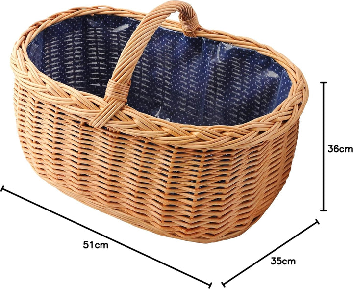 Grosser Einkaufskorb/Autokorb aus Weide mit Henkel und Stoffeinlage (blau mit weissen Punkten) | mit