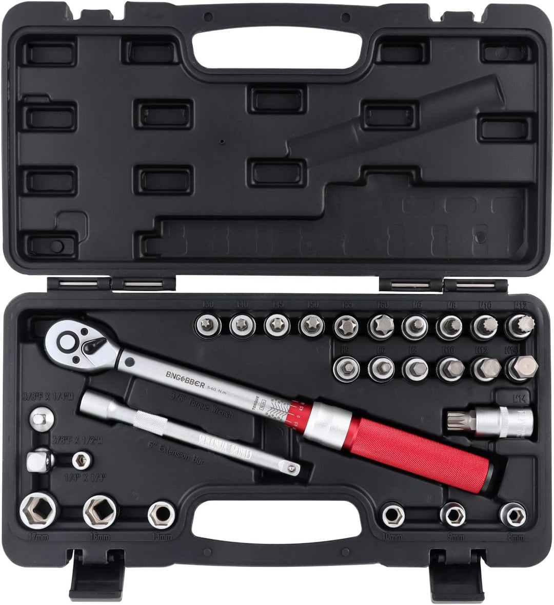 Drehmomentschlüssel 3/8”,5-60NM Drehmomentschlüssel Fahrrad & Motordad Auto Set mit viel Zubehör wi