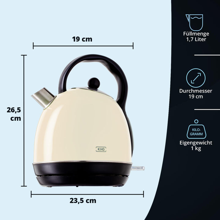 KHG WK-1711 (C) Wasserkocher Retro 1,7 Liter | Kessel-Wasserkocher in Creme | 360° Sockel | Kalkfilt
