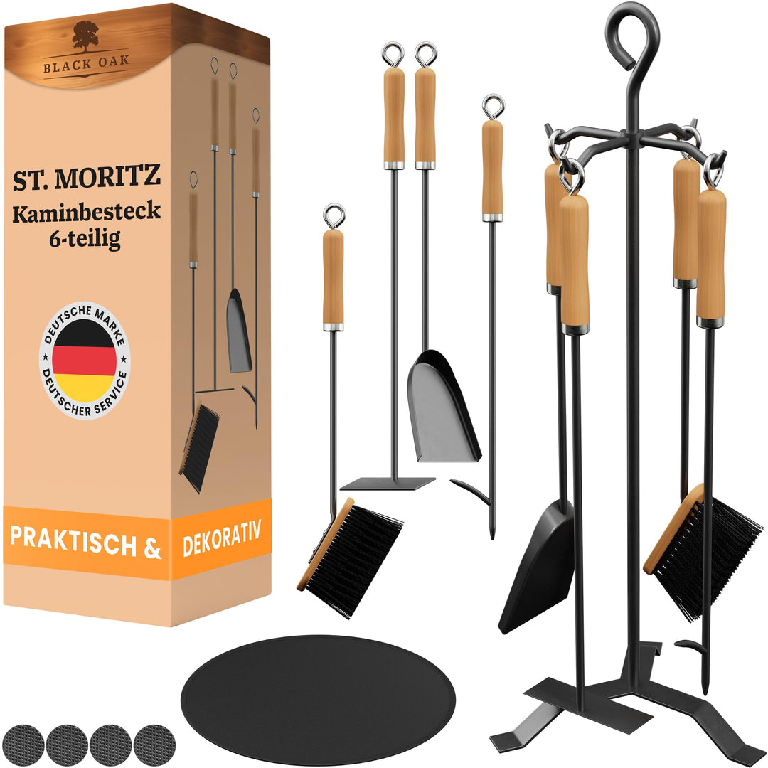 BLACK OAK Kaminbesteck ST. MORITZ 6-teilig - wohnliches & dekoratives Ofenbesteck Set schwarz mit Ho