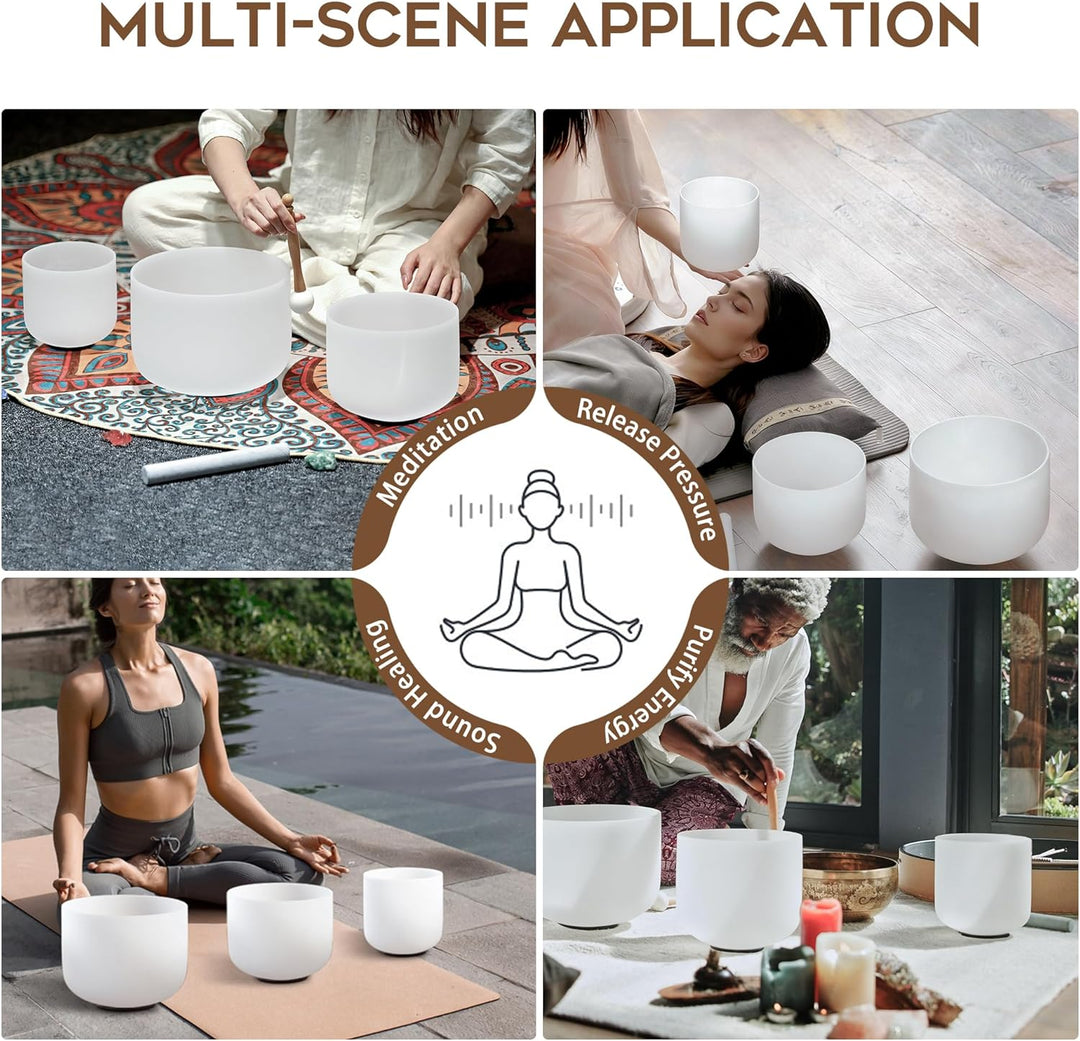 CVNC Set von 3 Singbäuchen 440Hz 6" A-Ton 8" F-Ton und 10" C-Ton Schimmernder Chakra-Quarz Kristall