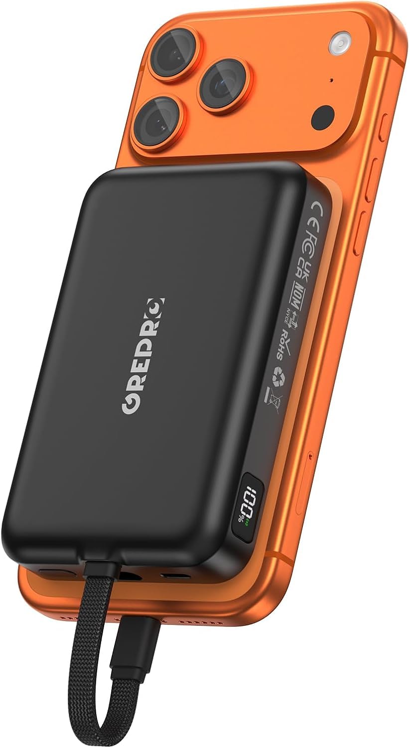 GREPRO Magnetische Power Bank, 10000mAh Powerbank für Magsafe mit 22,5 W Schnellladung USB-C-Kabel,