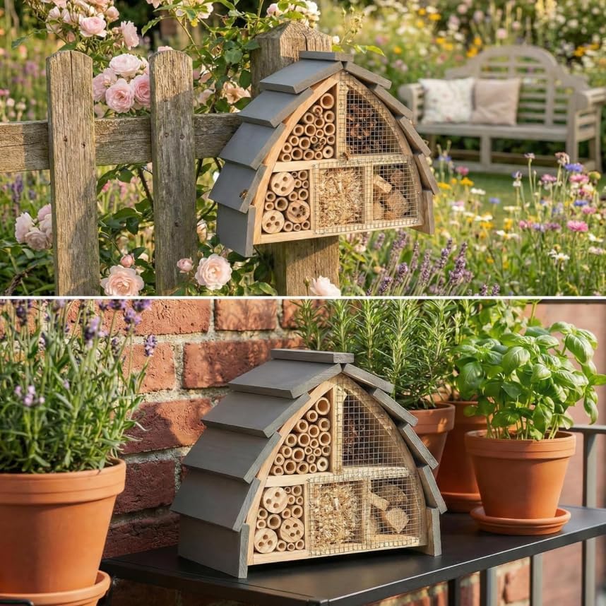 Insektenhotel wetterfest aus Holz – Bienenhotel mit Vogelschutz für Wildbienen &amp; Schmetterlinge – In