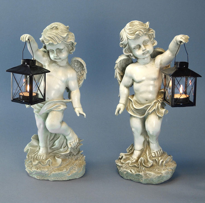 GeKi Trend 2er Set Engel Figuren mit Laterne Dekofigur Putte frostfest Gartendeko antik weiss Grabsc