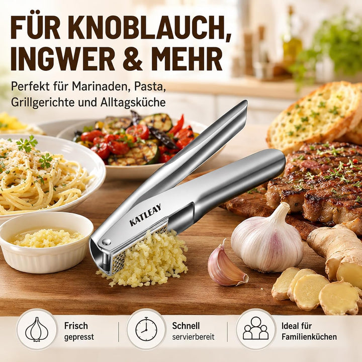 Profi Knoblauchpresse Edelstahl, Garlic Press Spülmaschinenfest - mit Schäler und Bürste, Leicht zu