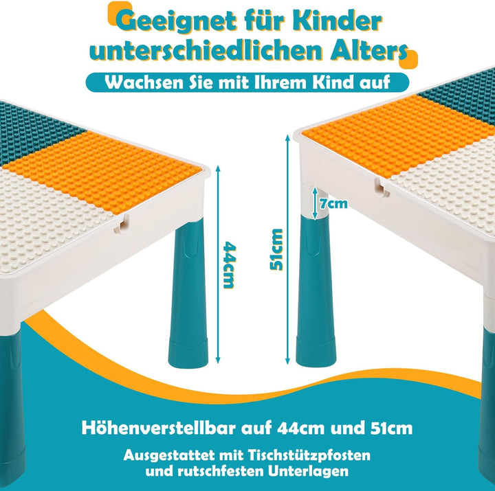 Kindertisch mit 2 Stühlen, Bausteintisch 2-in-1 mit Wendplatte, höhenverstellbar 44/51 cm, Spieltisc