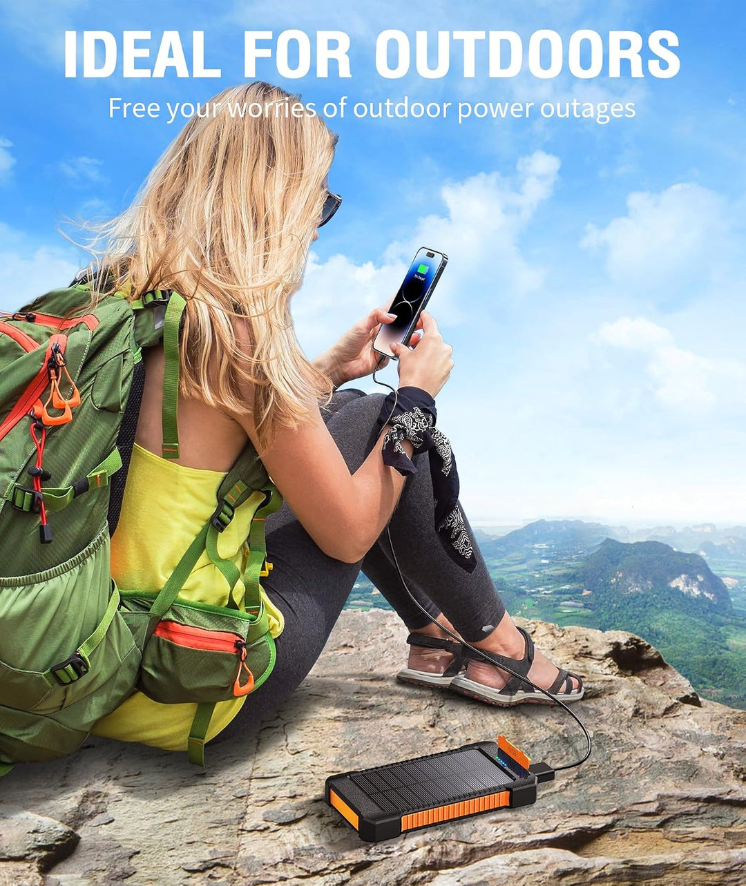 Solar Powerbank 26800 mAh mit Saugnapfhalterung, Powerbank Externe Akkus 3 USB Anschlüsse mit Tasche