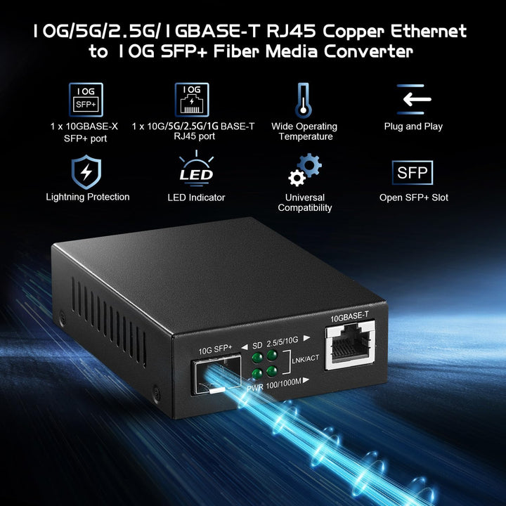 Binardat 10G Fiber Media Coverter, 2 Port 10 Gigabit Ethernet Switch, 1 x 10G RJ45 Port, 1 x 10G SFP