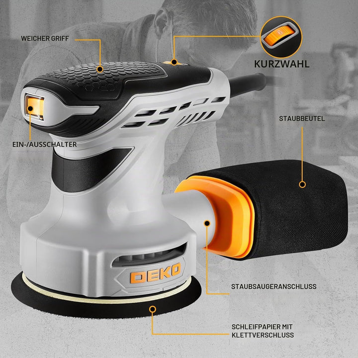 DEKOPRO 300W Exzenterschleifer, 125mm Schleifmaschine mit 6 Geschwindigkeiten(7000-13000U/min), 16 S