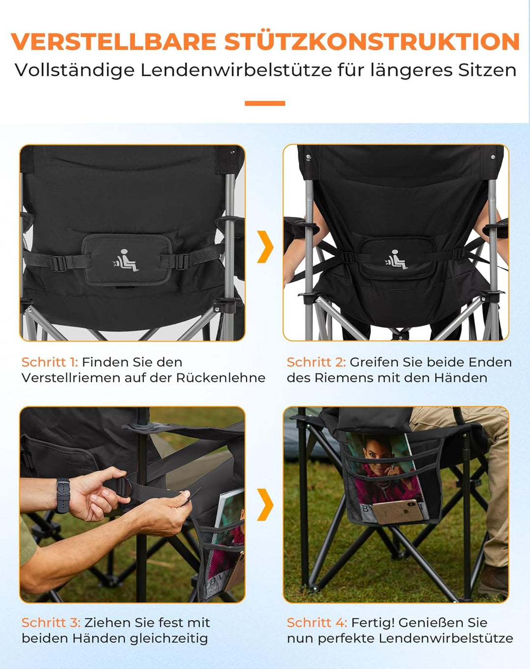KingCamp Campingstuhl mit Verstellbarer Rückenlehne und Kühltasche bis 160 kg belastbar 2 Pack Schwa