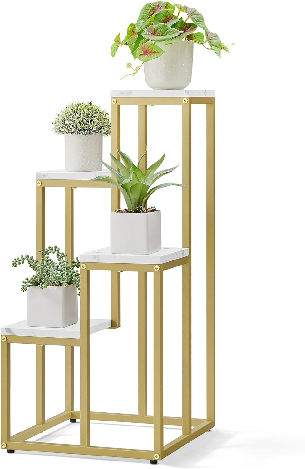 Home Collective Blumentopfregal mit 4 Ebenen in Marmor mit goldenen Beinen für Wohnzimmer Schlafzimm