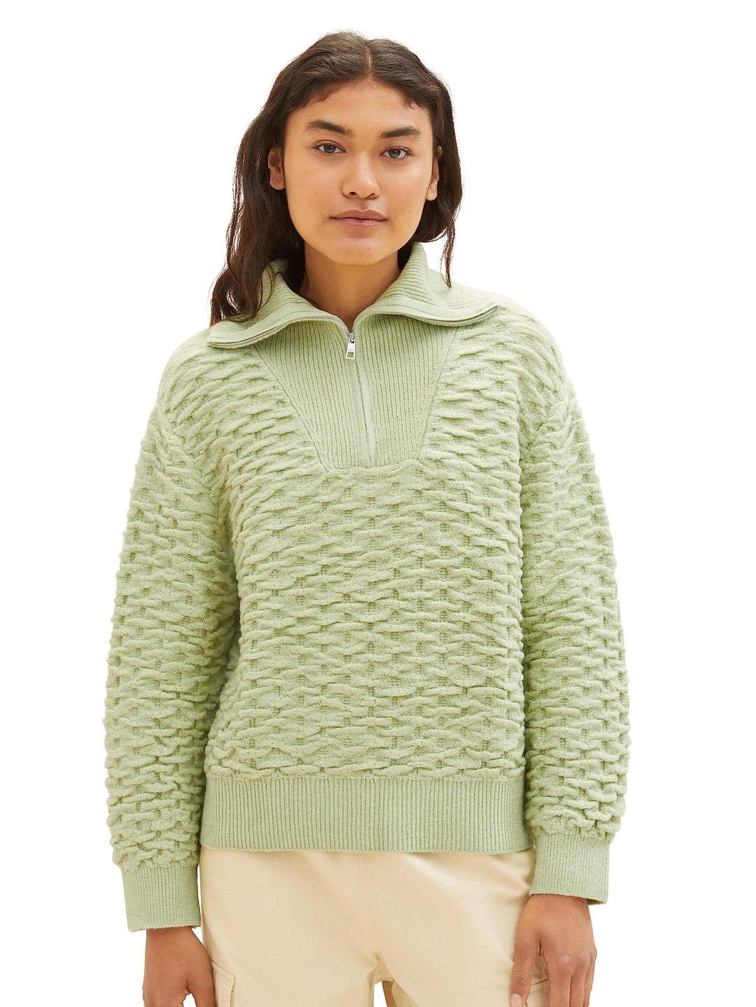 TOM TAILOR Denim Damen Basic Troyer Pullover S 32256 - Dusty Pear Green, S 32256 - Dusty Pear Green
