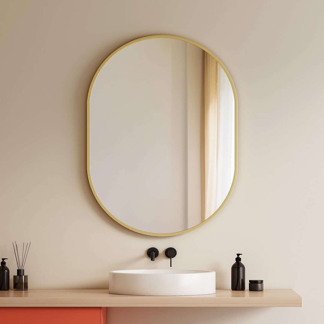 EMKE Badspiegel Oval Goldener 60 x 80 cm, HD Dekorativer Wandspiegel Oval + Goldener Rahmen 80L x 60