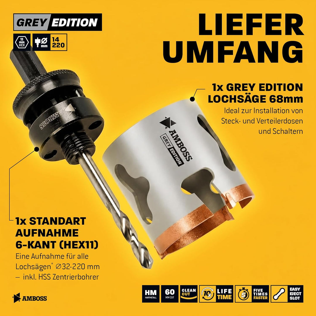 Amboss HM Lochsäge 68 mm | Für Spanplatten, Hartholz, Gipskarton etc. - Inkl. 6 Kant Standard Aufnah