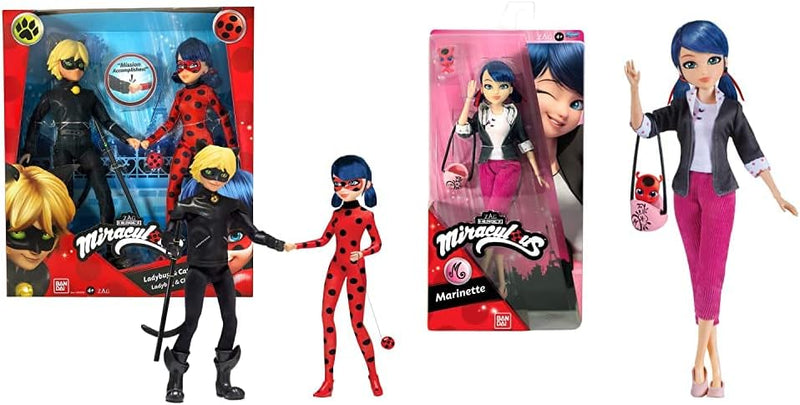 BANDAI P50365 Miraculous 2er Packung Ankleidepuppen 26 cm – Ladybug und Cat Noir, Keine & Miraculous