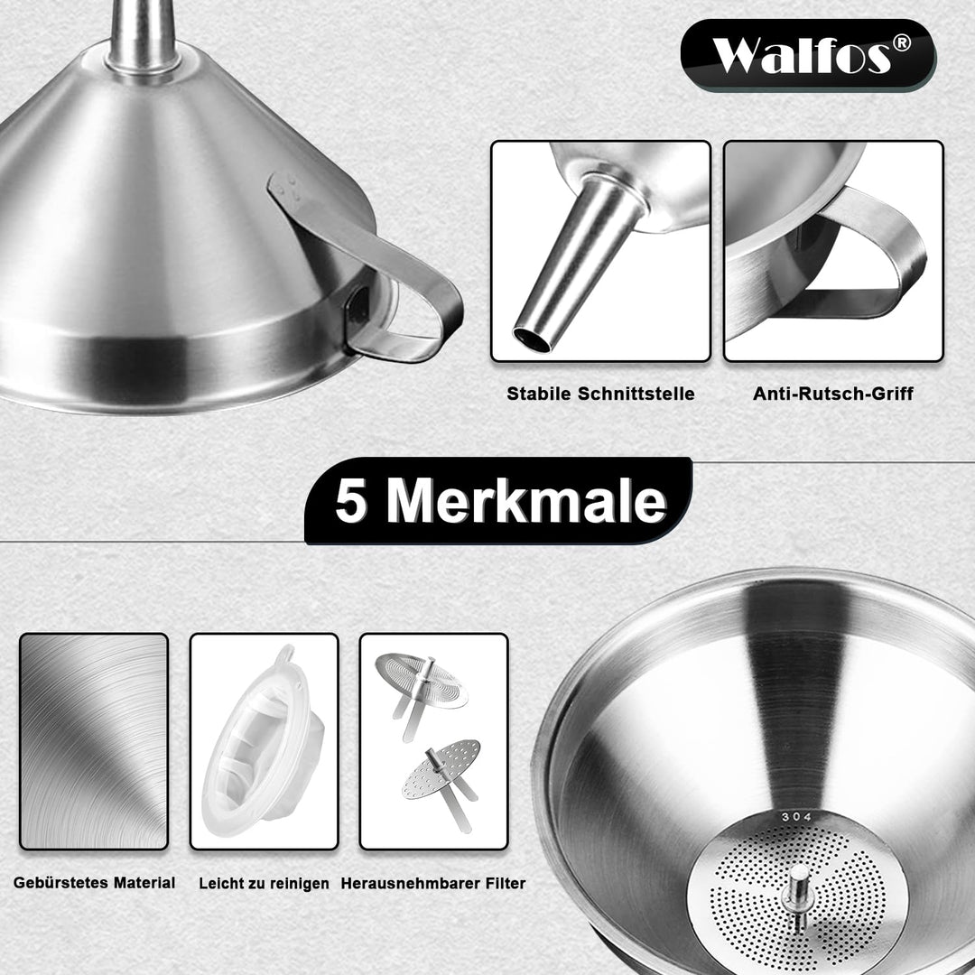 Walfos Trichter Edelstahl Gross 20cm, KüChentrichter Mit 2 Abnehmbaren Sieben ＆ 1 StüCk Reinigungsbü