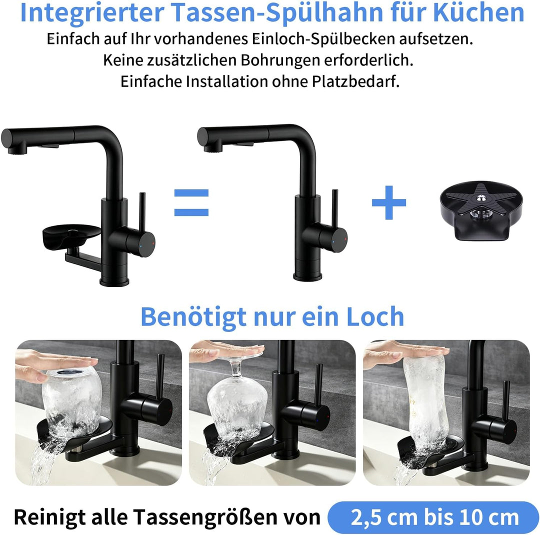 Küchenarmatur Schwarz mit Glasspüler, Ausziehbarer Einhebelmischer | LakeBayMZC Wasserhahn Küche mit