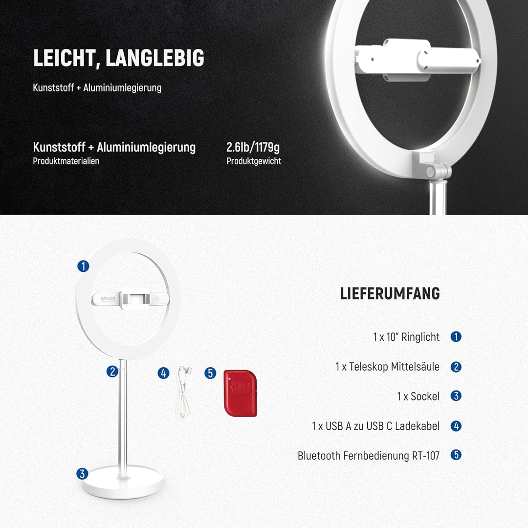 NEEWER Entry Level Version 10" 7W LED Selfie Ringlicht mit Tischständer/Phone Holder/3 Modi CRI85+ 3