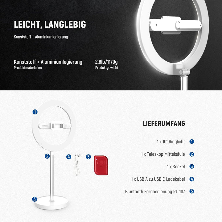 NEEWER Entry Level Version 10" 7W LED Selfie Ringlicht mit Tischständer/Phone Holder/3 Modi CRI85+ 3