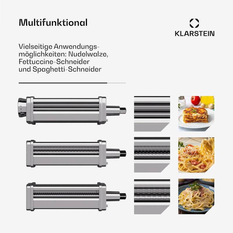 Klarstein Chiara Küchenmaschine Nudelaufsatz – 3-in-1 Pasta-Zubehör, Edelstahl, Spülmaschinenfest, 8