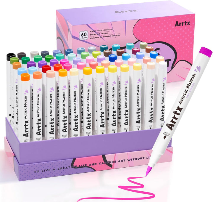 Arrtx Pinselspitze Acrylfarbe Stifte für Steine wasserfest, 60 Farben Pinselspitze Acrylstifte, Acry