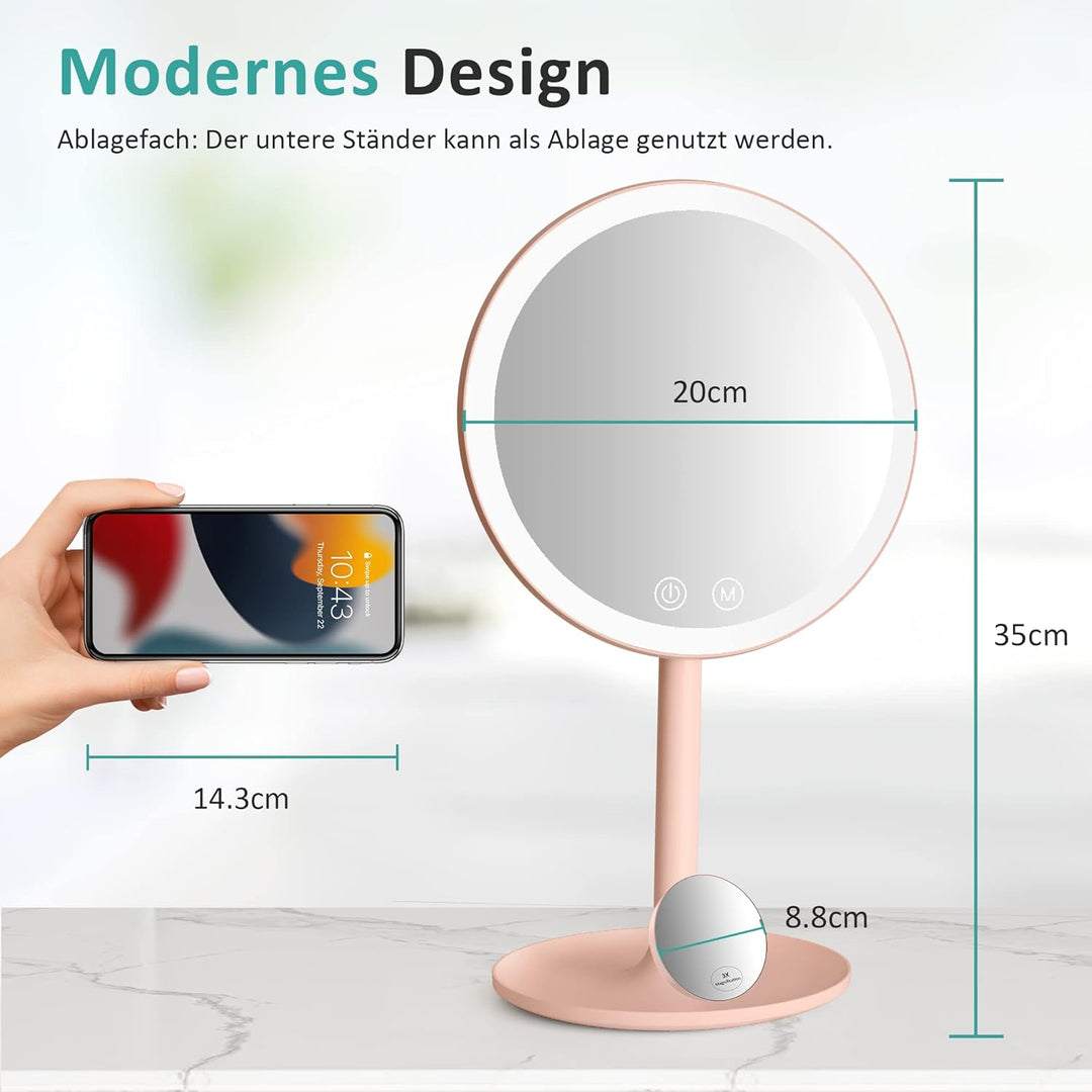 EMKE Schminkspiegel mit Beleuchtung, LED Kosmetikspiegel mit 3 Lichtfarben, Praktisch Makeup Spiegel