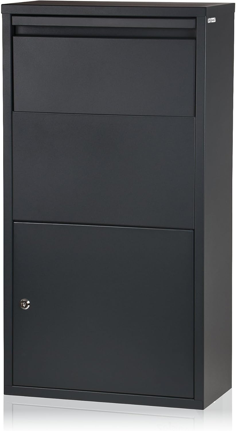 Zelsius Briefkasten mit Paketfach Merkur | pulverbeschichteter Stahl mit Edelstahl Elementen | RAL70