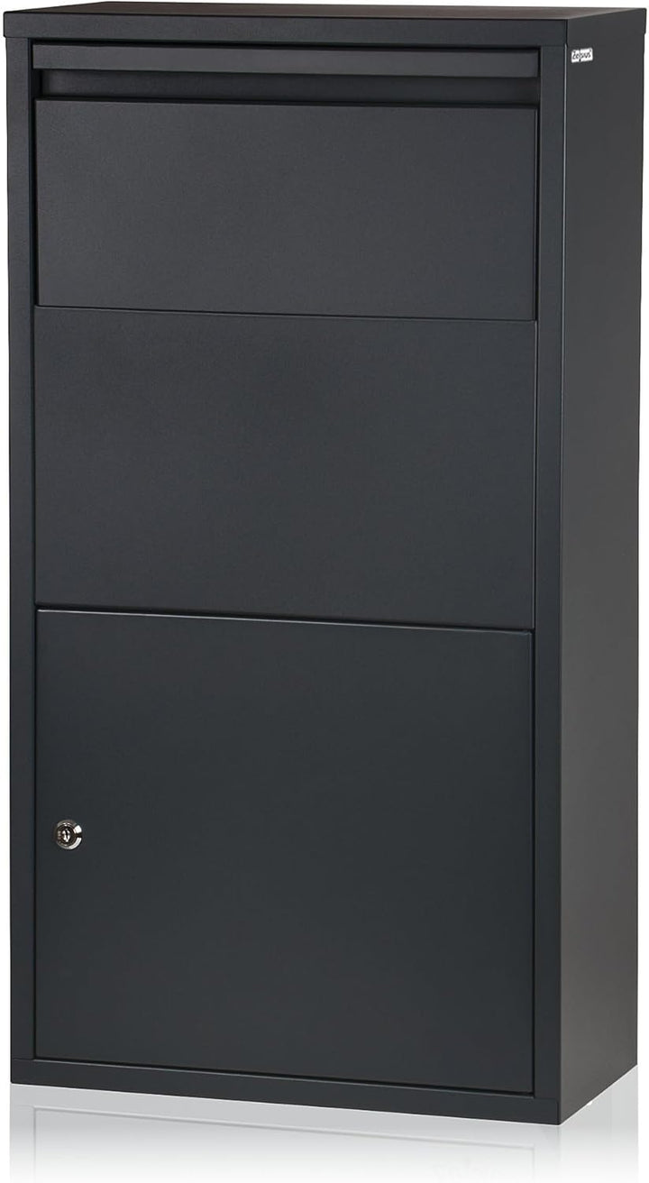 Zelsius Briefkasten mit Paketfach Merkur | pulverbeschichteter Stahl mit Edelstahl Elementen | RAL70