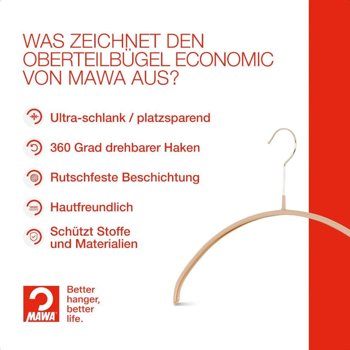 MAWA Kleiderbügel, Set mit 10 hochwertigen, platzsparenden, rutschfesten Kleiderbügeln, ideal für T-