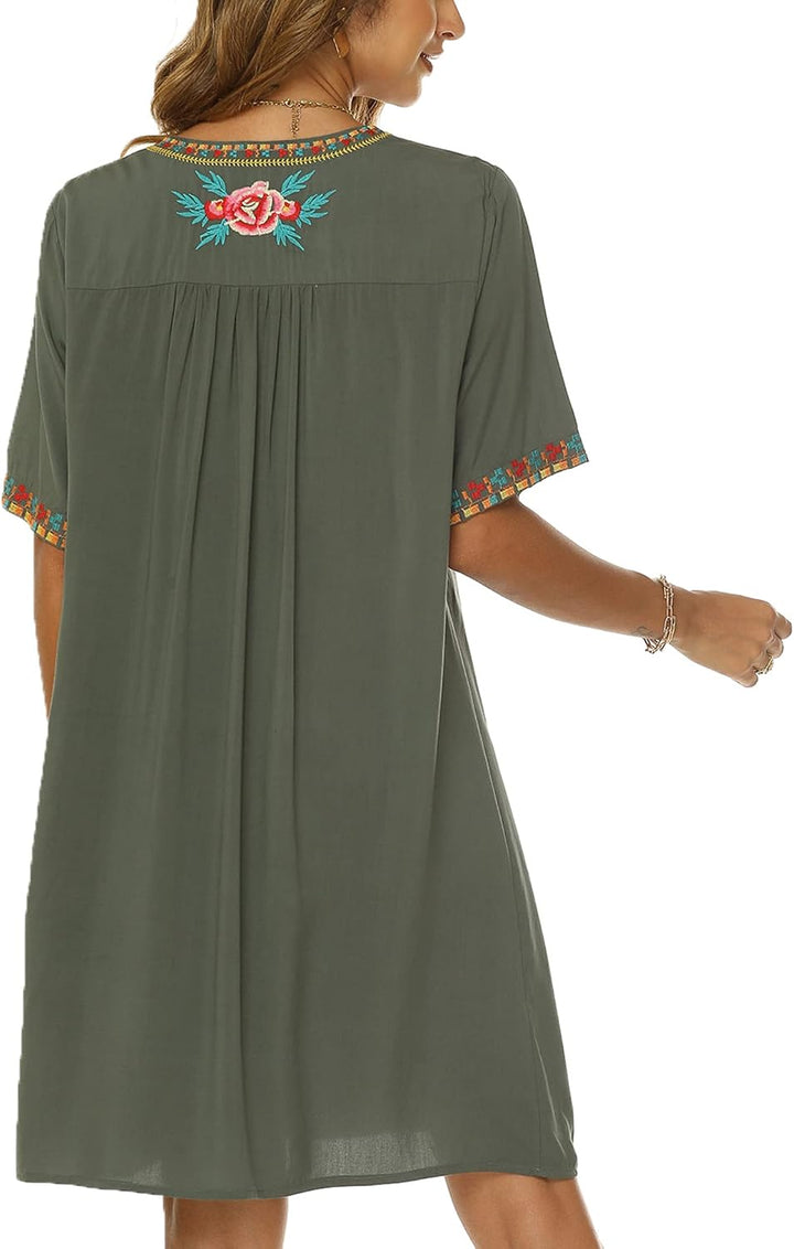 Vakakado Frauen Sommer Boho Mexican Peasant Dress Kurzarm Floral Bestickte Flowy Kleider Lose Hippie